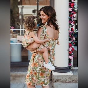 Woman’s and Girls' tie-shoulder dress in zinnia floral.